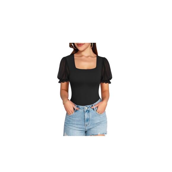 NWT MANGOPOP Bodysuit Square Neck Sheer Mesh Casual Size Small - Picture 1 of 9